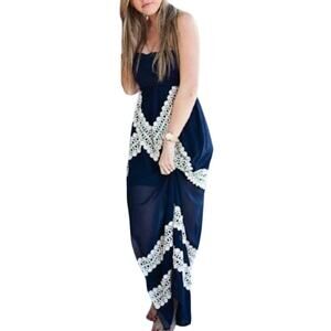 Judith March S Navy Blue Strapless Midi Dress Lace Appliqué Resort Hippie *flaw